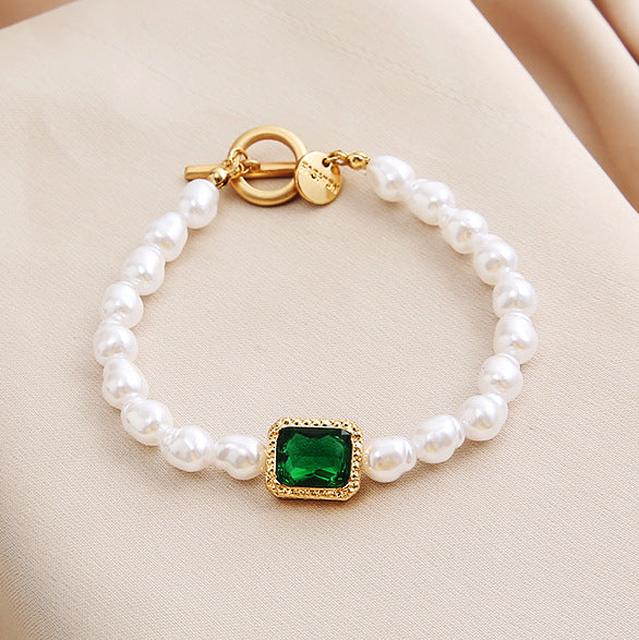Retro Fashion Simple Temperament Inlaid Green Gemstone Bracelet